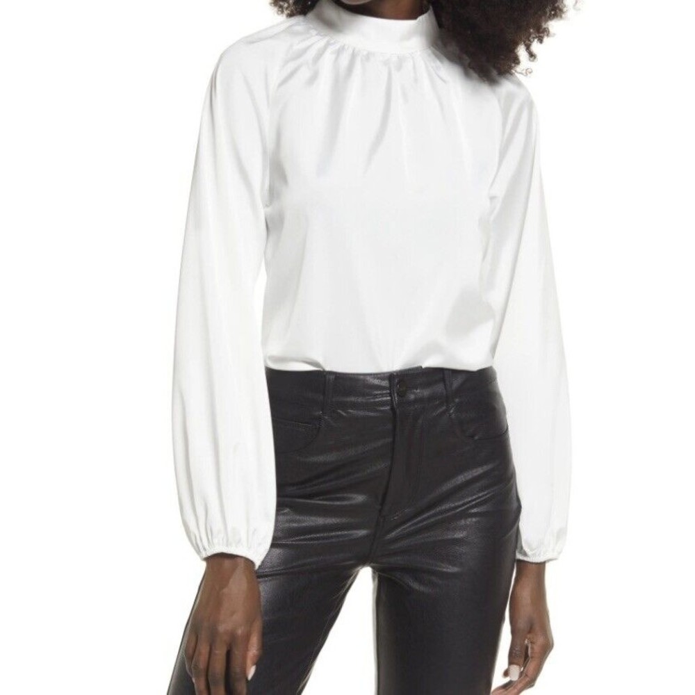 Open Edit Top Balloon Long Sleeve Mock Neck Blouse White Size L Large Shiny